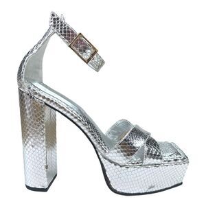 Good American Silver Snake Embossed Open Toe Platform Sandals - Size 8